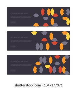 Web banner design template set consisting of abstract background patterns made with pieces of circle shapes. Modern, playful vector art in yellow, orange and grey colors.
