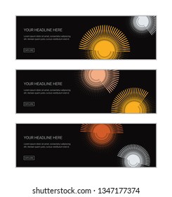 Web banner design template set consisting of abstract backgrounds made with repeated brush strokes forming circular shapes. Modern, playful and colorful vector art.
