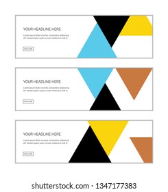Web banner design template set consisting of abstract backgrounds made with triangle shapes in orange, yellow, black and blue colors. Modern vector art.