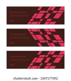 Web banner design template set consisting of abstract background patterns made with parallelogram shapes forming hexagons in pink and red colors. Modern, decorative vector art.