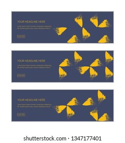 Web banner design template set consisting of abstract background patterns made with brush strokes forming triangle shapes. Modern, yellow vector art on dark blue background.