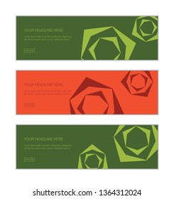 Web banner design template set consisting of background patterns of rose flower abstraction made with geometric shapes in different tones of green. Modern, decorative vector art.