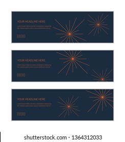 Web banner design template set consisting of abstract backgrounds made with lines in light / star abstraction. Decorative vector art in orange and blue colors
