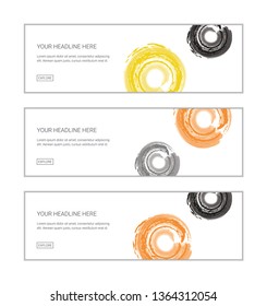 Web banner design template set consisting of abstract backgrounds made with water color brushes forming circles in grey, black, yellow and orange colors. Modern, playful, bright colored vector art.