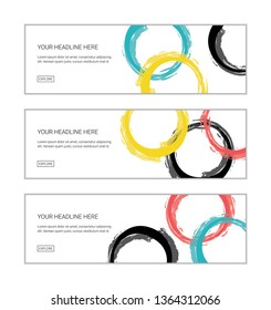 Web banner design template set consisting of abstract background patterns made with brush strokes forming circles in yellow, blue, black and red colors. Playful, vector art.