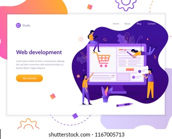 Web Banner Design Template. A Team Of Web Developers Design An Online Store. E-commerce Project. Website Development. Flat Vector Illustration.