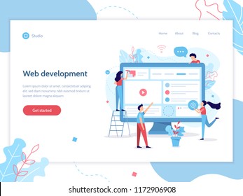 Web banner design template. The team of web developers design website. Teamwork project. Website development. Easy to edit and customize. Flat vector illustration.