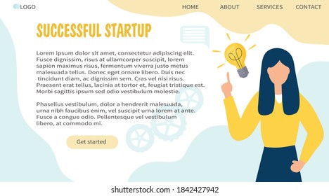 Web banner design template. Vector illustration with business idea concept and creative solution. Creative and analytical thinking. Successful startup. Business lady with incandescent light bulb.