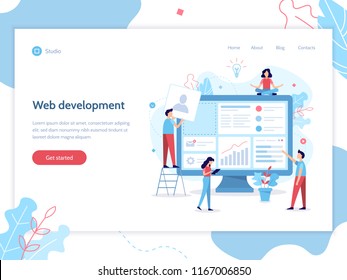 Web Banner Design Template. Website Development. The Team Of Web Developers Constructs A Personal User Account Or Admin Panel For The Web Site. Flat Vector Illustration.