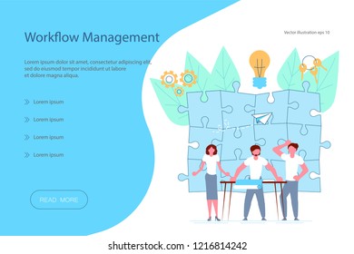 Web banner design template. Workflow management concept in flat design. Team of young businessmen have a business meeting and brainstorming. Vector illustration eps 10