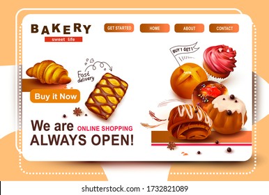 Web Banner Design Template.Online Shopping.3d Rum Baba.Bundt Cake with Sugar Glaze.Sweet Muffin.Croissant.Roll with  icing.Pastry.Poppy seed bun.Butter roll.Cupcake.Bun with cottage cheese.