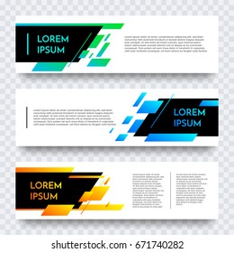 Web banner design vector template. Modern horizontal white layout with black brick element and accent green, blue, orange gradient color background for website, leaflet, flyer backdrop design.