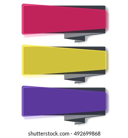 Web banner design. Vivid translucent plastic cards with shadows. Set of transparent geometric vector banners with ribbons. Abstract transparent banners set. Vector illustration. 