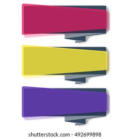 Web banner design. Vivid translucent plastic cards with shadows. Set of transparent geometric vector banners with ribbons. Abstract transparent banners set. Vector illustration. 