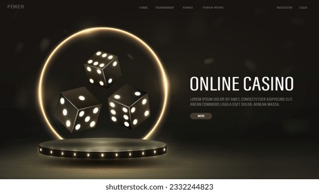 A web banner with dice on the podium with a bright neon frame. A concept on the theme of casino and poker with text.