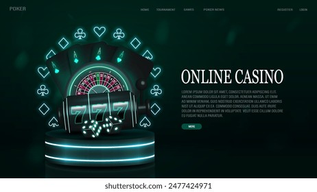 Un Anuncio de Web con dados y tarjetas de póquer con ruleta y una máquina tragamonedas en un podio con líneas de neón brillante sobre un fondo verde. El concepto de un casino en línea.