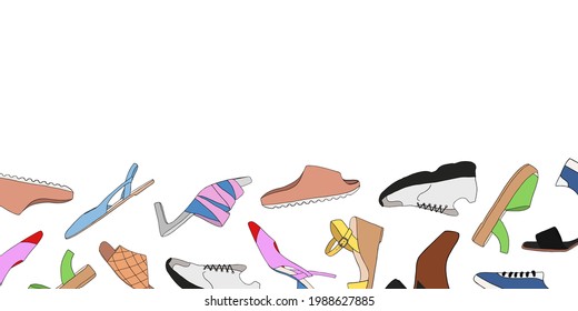 Web banner with different types of modern trendy women shoes and empty space on white background. Fashionable and stylish shoes concept. Colored flat vector illustration