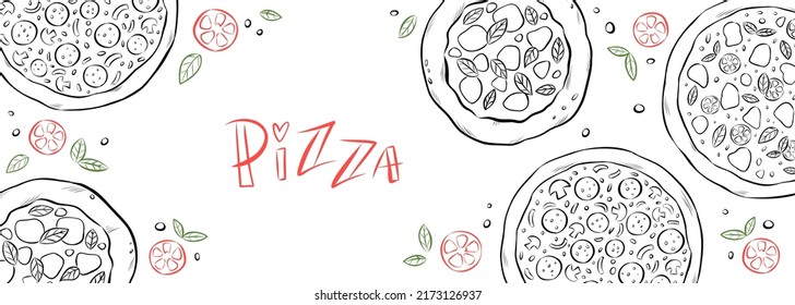 Banner web con diferentes tipos de pizza, vista superior. Dibujo a mano ilustrativo de la cocina tradicional italiana para menú, o anuncio. Pepperoni, Margherita, Patatosa, Sicilia, pizza de champiñones. 