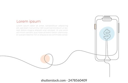 Web Banner Digital payment and wallet one continuous line design.