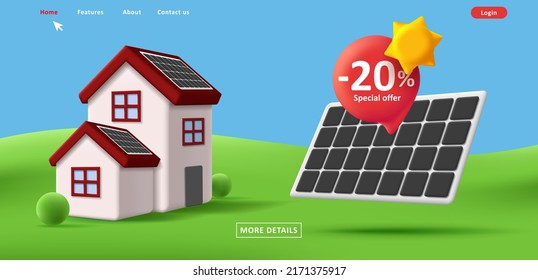 Banner web con descuento en paneles solares de energía con 3d ilustración de casa. Ilustración del vector