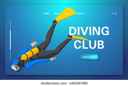 Web banner diving club. Diver floating under water. Flat vector illustration of an isometric view.