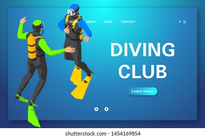 Web banner diving club. The diver signals with a gesture that you need to pop up. Flat vector illustration.