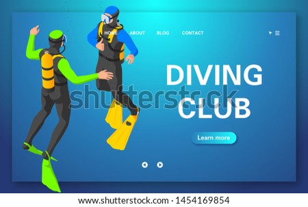 Web banner diving club. The diver signals with a gesture that you need to pop up. Flat vector illustration.