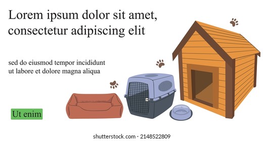 Web banner with dogs food, goods, houses and supplies. Pets feeding, furniture, toys. Puppies accessories, stuff. Training post. Flat vector illustration isolated on white background