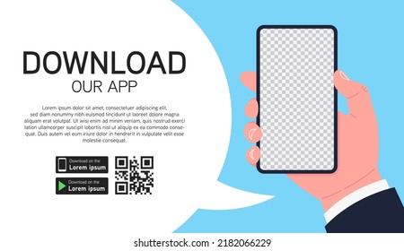 Web Banner For Downloading The Mobile App. Male Hand Holding Smartphone With Transparent Background On Screen. Vector Illustration.