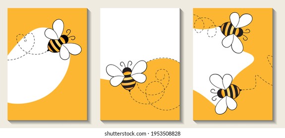 Web banner with drawn cartoon bee mascot. Incest concept design. Bees flying on a dotted route. Wasp collection. Modern collection of contemporary posters. Vector illustration for social media, print.