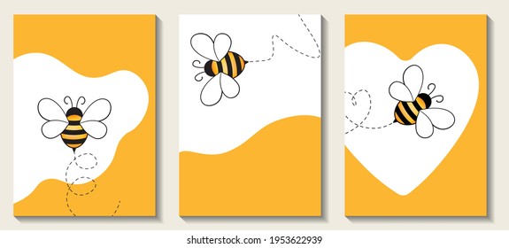 Web banner with drawn cartoon bee mascot. Incest concept design. Bees flying on a dotted route. Wasp collection. Modern collection of contemporary posters. Vector illustration for social media, print.