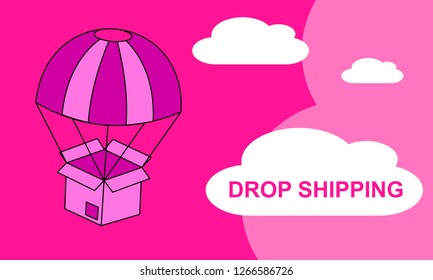 Web banner for Drop shipping or E-Commerce. Packages are flying on parachutes. Flat vector illustration.