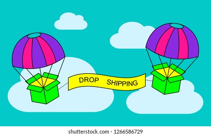 Web banner for Drop shipping or E-Commerce. Packages are flying on parachutes. Flat vector illustration.