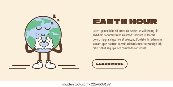 Web banner for Earth hour. Slide or landing page with environmental protection concept. Cute vintage planet mascot with heart sign. Global warming and climate change concept retro vector illustration.