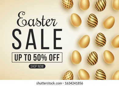 Web banner for Easter big sale. Festive template for your design. Gift card. Golden eggs with a pattern. Vector illustration. EPS 10