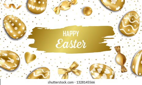 Web banner with Easter gold eggs and holiday objects . Luxury golden background for greeting cards, holliday templates with text place.