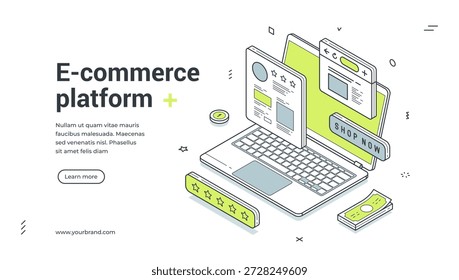 Banner da Web para plataforma de comércio eletrônico. Ilustração vetorial isométrica de compras on-line em um notebook. Modelo moderno para uma página inicial de uma loja de internet com ícones de classificação e dinheiro