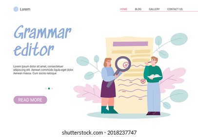 Web banner with editor, teacher editing grammar mistakes on paper or online and writer or student writing text. Concept of copywriting or creative write, distant education. Vector.