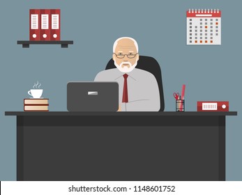 Web banner of an elderly office worker in the workplace. Old man is sitting at the desk on a gray background. There is a laptop, a calendar and red folders in the picture. Vector illustration