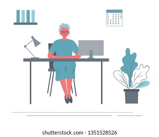 Web banner of an elderly office worker in the workplace. Old lady is sitting at the desk in the office room. There is a computer, a lamp, a calendar and flower here. Funky flat style. Vector