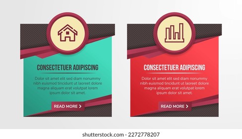 web banner elements for web templete design used. diagonal stripped pattern. read more coloumn. space for text and icon. square layout. green and red background.