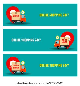 Web banner. Express delivery . Urgent delivery of parcels by car. Services of delivery of parcels by car. Car for parcel delivery. Flat style. Flat design. Vector illustration 