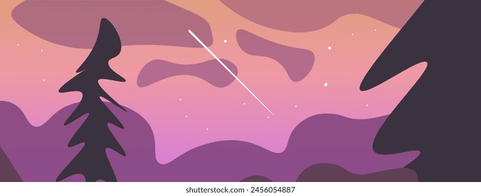 Web Banner Fairy Landscape Wood Mountains Sky With A Lot Of Stars And One Star Falling Vector Design