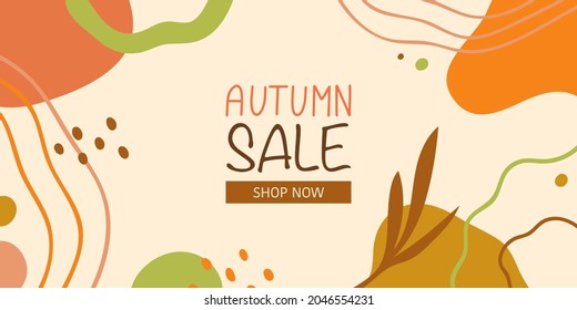 Web banner in fashion botanical style. Abstract background, leaves and flowers silhouette, rounded random shapes and wavy elements. Best for sale, discount, promo and other ad purposes. Vector.	