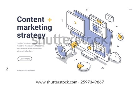 Web banner features an innovative isometric design showcasing elements of content marketing strategy. Modern vector illustration