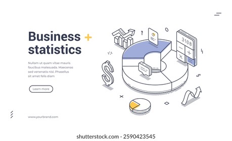 Web banner features an isometric design showcasing various statistics elements, including pie charts, dollar signs, and a calculator. It serves as an engaging template for business presentations.