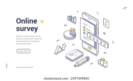 Web banner features isometric design focused on online surveys. It showcases a mobile device displaying survey elements, charts, and notes, perfect for inviting user participation. Vector illustration