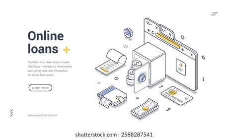 Web banner features an isometric illustration focusing on online loans, showcasing various financial elements like loan documents, a calculator, and cash.