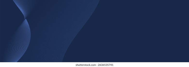 A web banner features a rich navy blue background. Faint, flowing lines create a subtle wave effect on the left, adding visual interest.