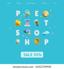 Web banner featuring floating 3D pet toys and accessories spelling out 'PET SHOP' with a bright sale announcement, vector icon illustration set.